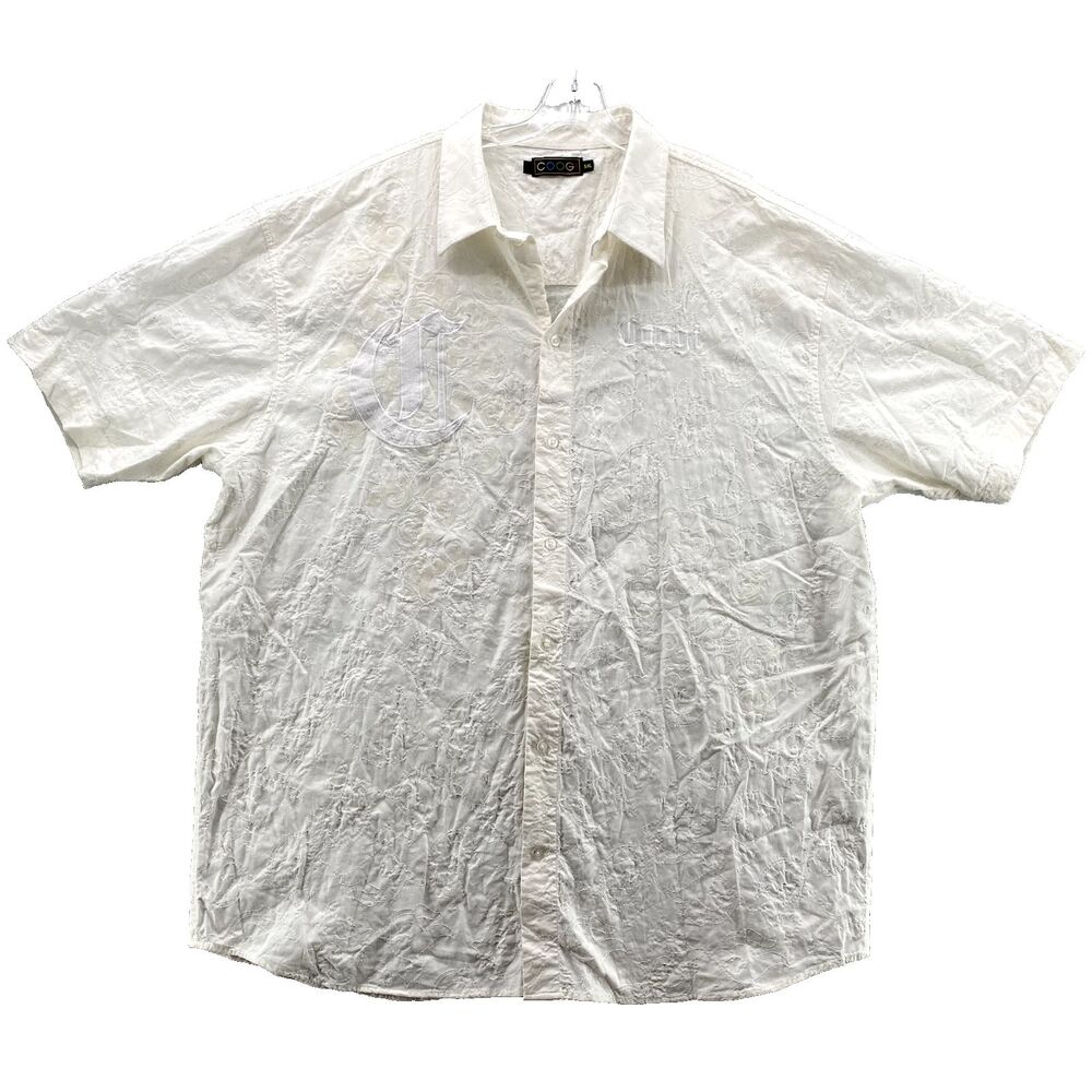 COOGIE Shirt 5XL White Embroidered Logo Spellout Short Sleeve Linen Cotton Men's